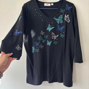 Vintage Y2K Embroidered Fairycore Black beaded long sleeve sequin top - Medium